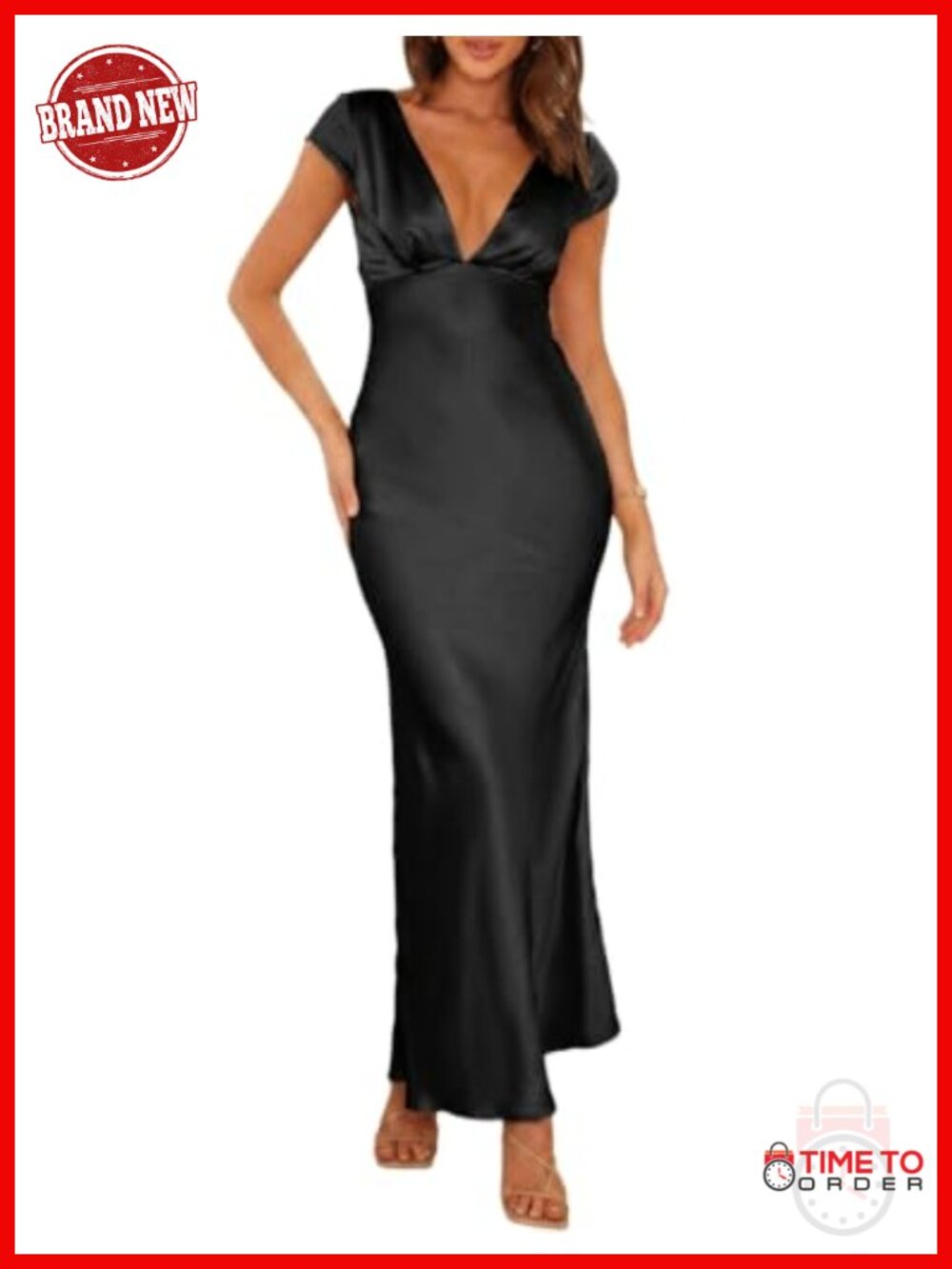 Satin V Neck Cap Sleeve Midi Dress Ruching Twist Back Cutout Formal
